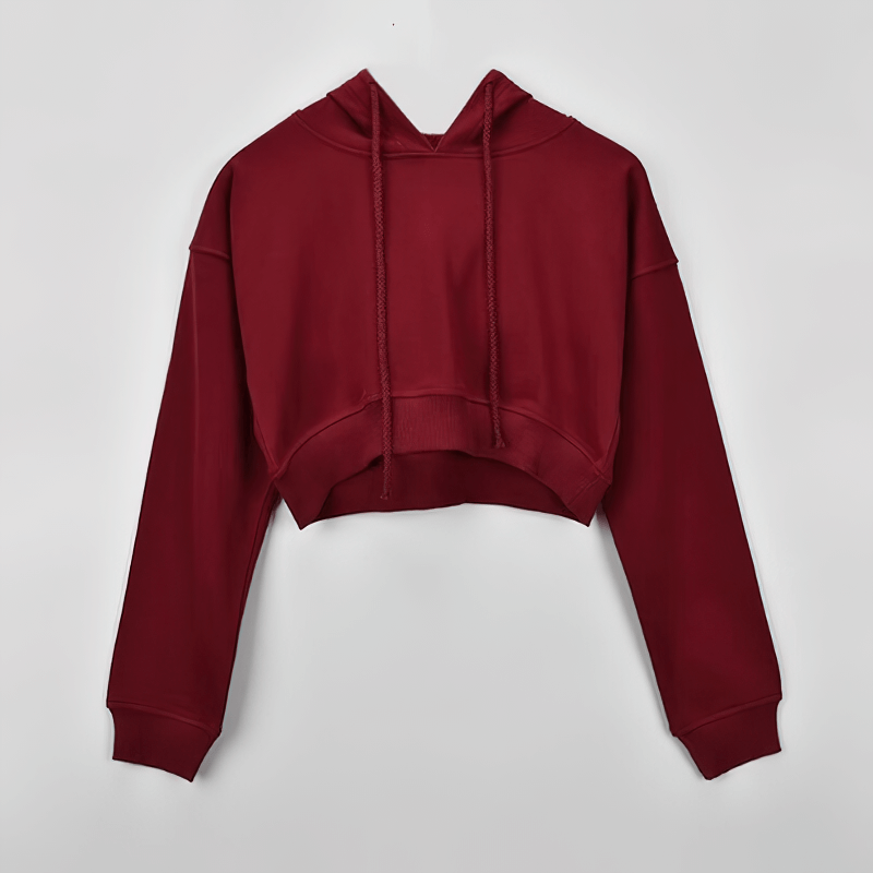 Stylish women's cropped long sleeve sports hoodie in red, designed for yoga, fitness, and workouts. Windproof, anti-shrink fabric.